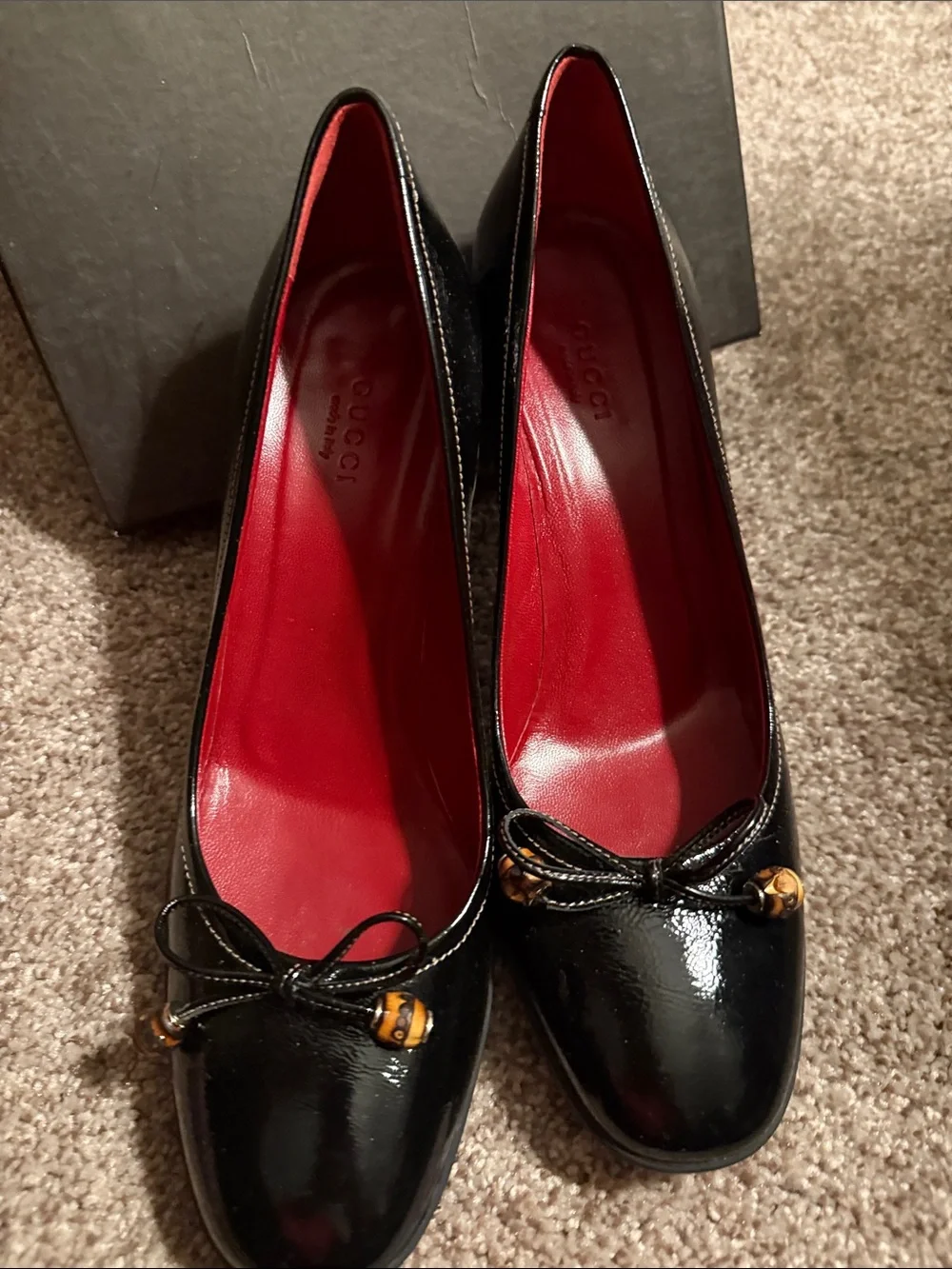 Gucci Black Patent Leather heel with Red Insole